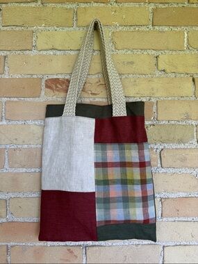 New Handcrafted Linen Patchwork Multicolor Tote Bag with Braided Handles